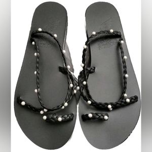 Ancient Greek Sandals Women's Eleftheria Imitation Pearls Sandals, Black, 7 Med